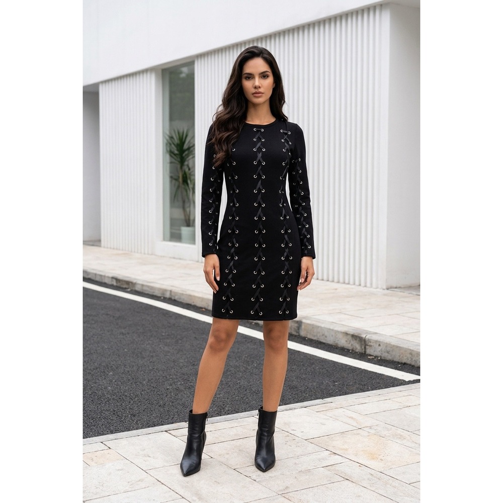 Black Lace Up‎ Grommet Long Sleeve Bodycon Mini Dress Small Edgy Goth Night Out